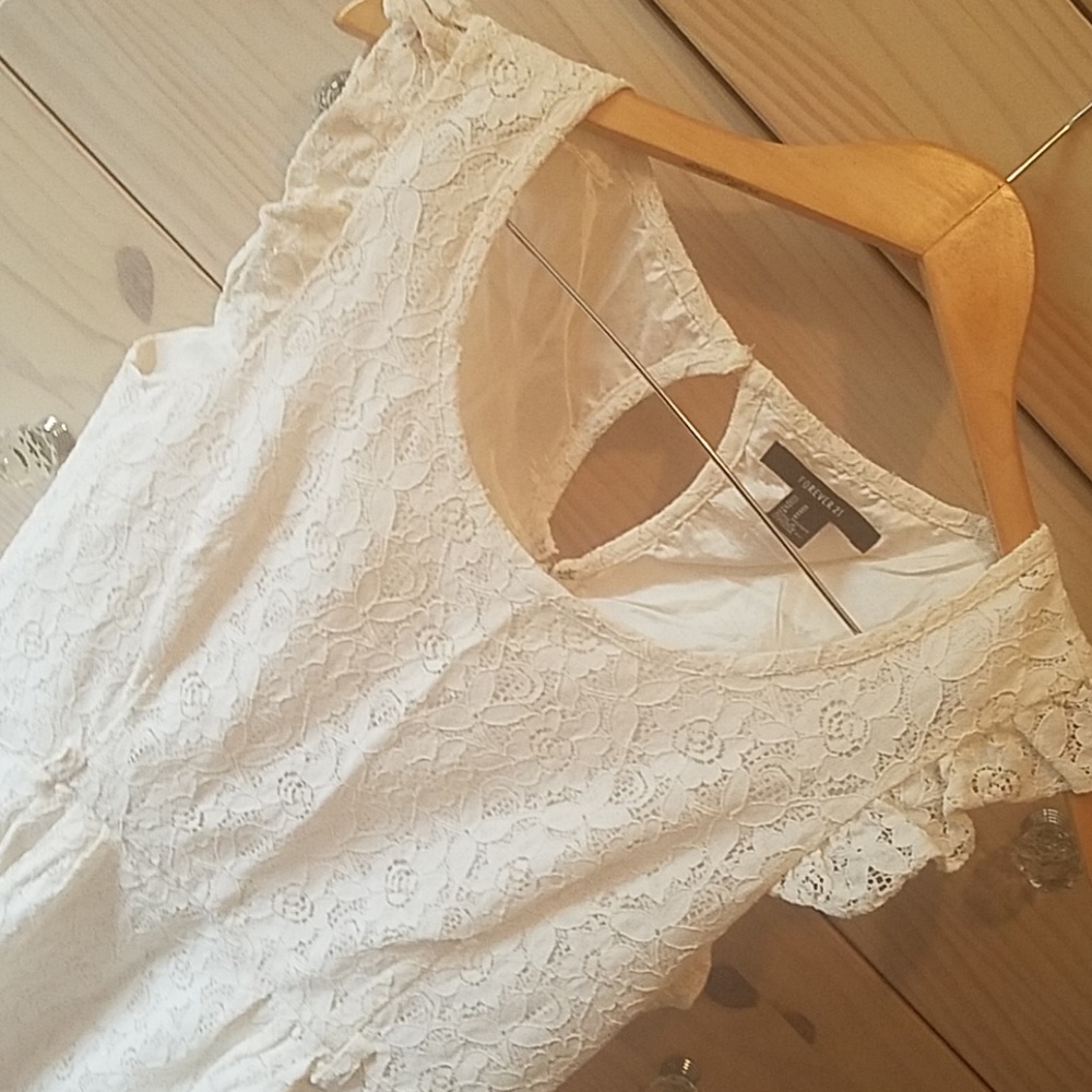 Forever 21 cream lace ruffle cap sleeve mini dress